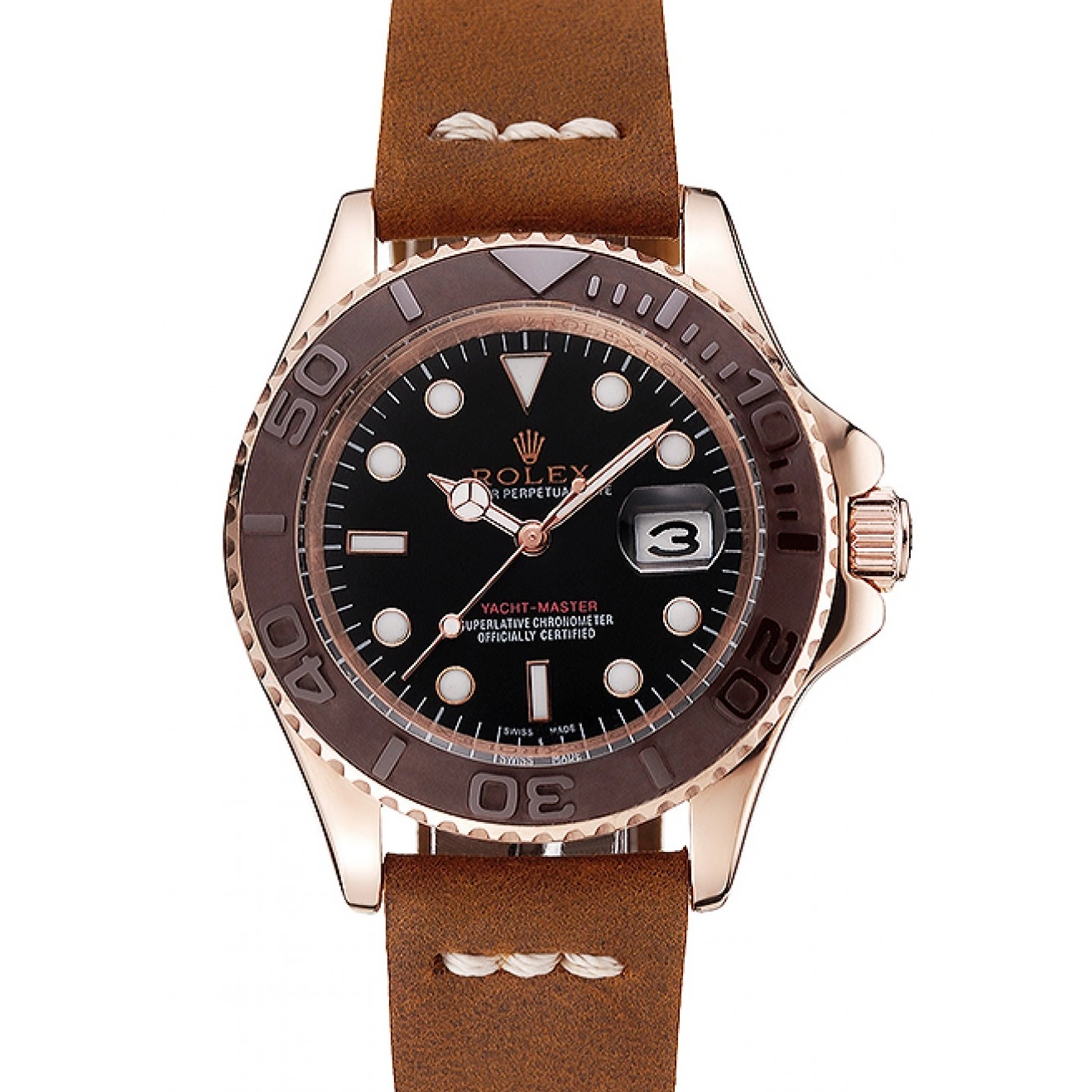 Best AAA Replica Sites Black Rose Gold Bezel Bracelet Yacht Brown Master 1453860 Brown Leather Dial Case Rolex 0712